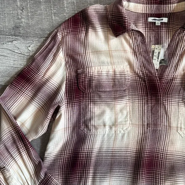 Madewell NEW Long Sleeve Flannel Popover Shirt Womens XL Plaid Burgundy Tunic - Image 4