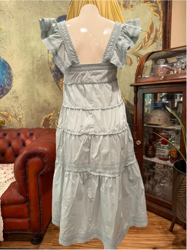 KARLIE Light Blue Cotton Smocked Tiered Ruffle Dress Midi Cottagecore Pockets M - Image 6