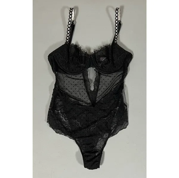 Black Polka Dot Dots Floral Lace Teddy Onesie Bodysuit Lingerie Size XS 🖤 - Image 2