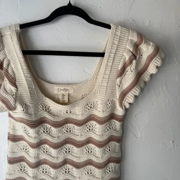 Jessica Simpson Knit Top Striped Cropped Cream Brown M Romantic Cottage Coquette - Image 5