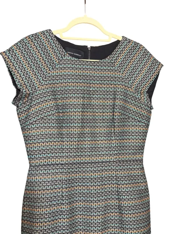 Donna Morgan Sheath Dress Multicolor Striped Tweed Cap Sleeve Fringe Trim Size 6 - Image 3