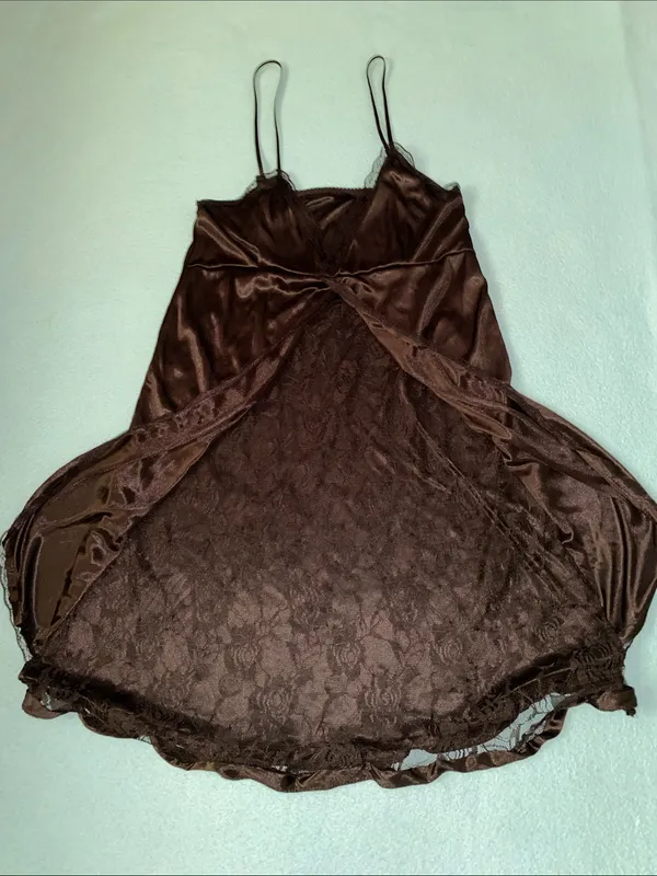 Unbranded satin silky floral lace front panel slip lingerie chemise black size M - Image 4