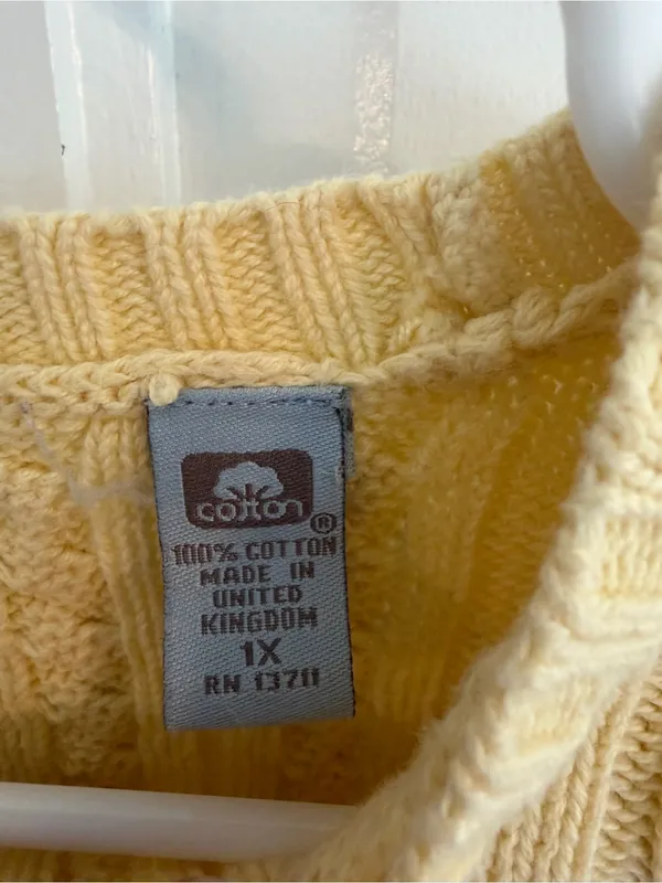 Vintage Valerie Stevens 1X Yellow Cotton Cable Knit Fisherman Sweater - Image 3