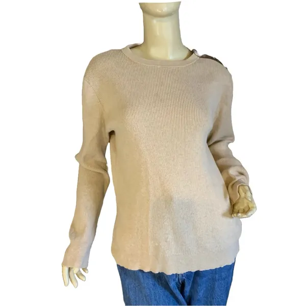 Lauren Ralph Lauren Oatmeal & Brown Ribbed Knit Top With Elbow Patches (Xl) - Image 6