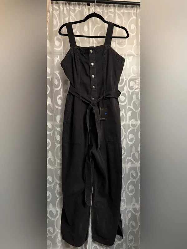 OAT New York Size 12 Black Denim Wide Leg Utility Jumpsuit Tie Waist NWT - Image 4