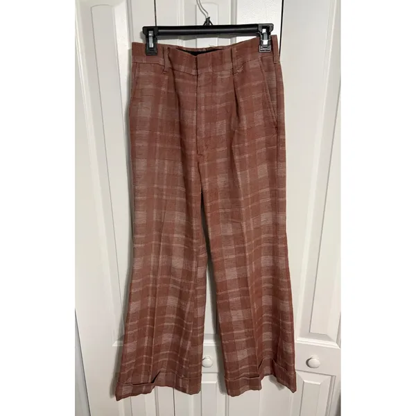 Plaid Wide Leg Trousers Dark Academia Terracotta‎ Cuffed High Rise - Image 5