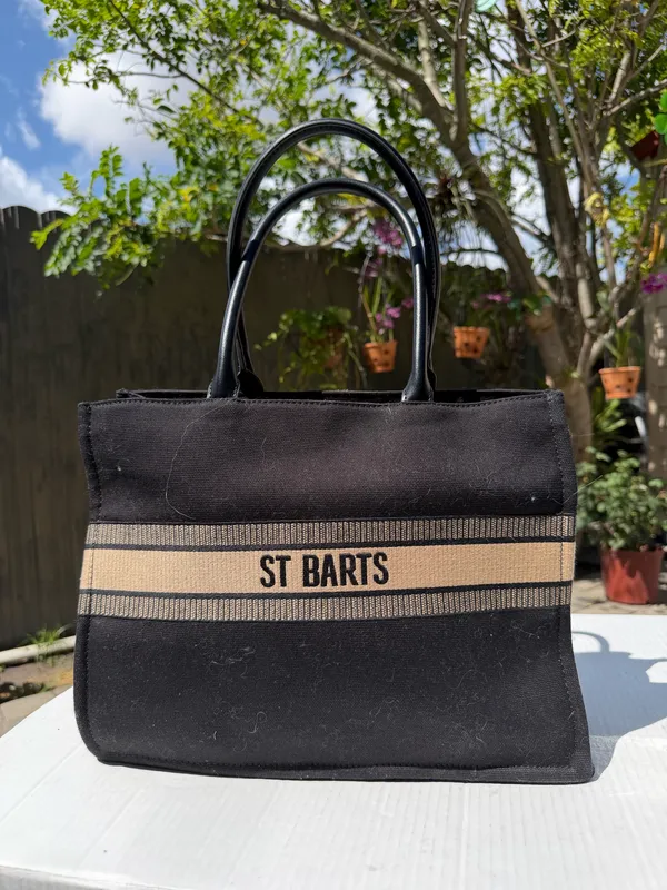 ST BARTS Black Canvas Tote Bag Beige Stripe Resort Beach Handbag - Image 15
