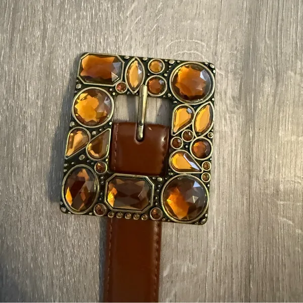 Vintage Jeweled Buckle Leather Belt Women's Medium Brown Elegant Style - Image 8