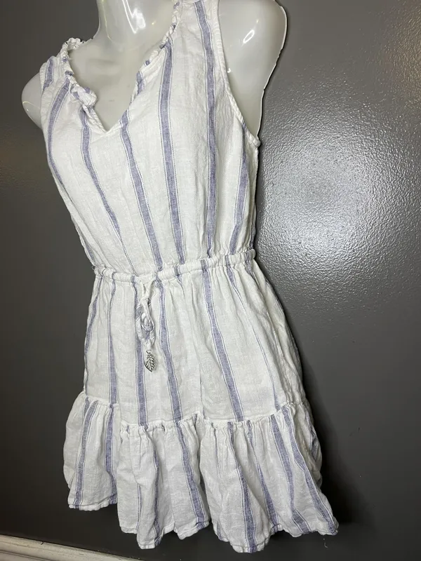 Blue Island Dress Womens XS White Striped Ruffle Hem Drawstring Waist Sundress - Image 4