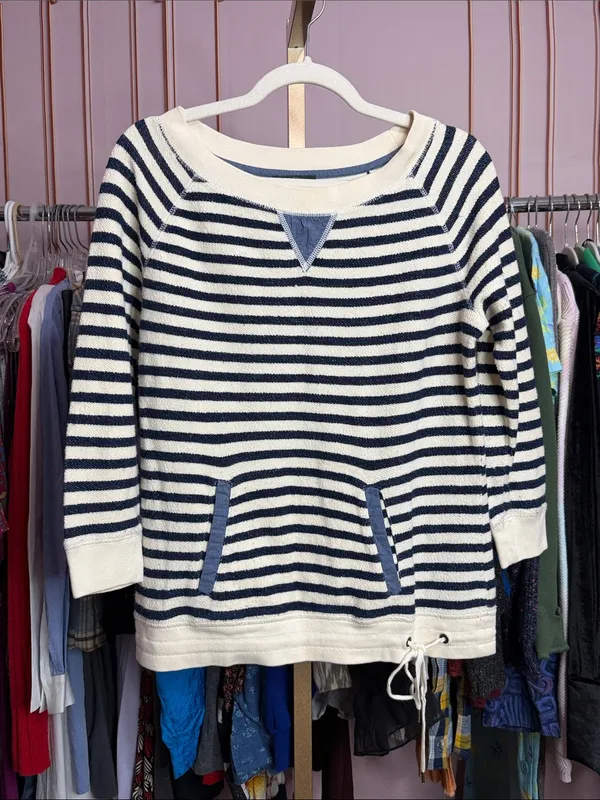 Lauren Ralph Lauren Navy Cream Striped Pullover Sweatshirt Drawstring Hem XS - Image 2