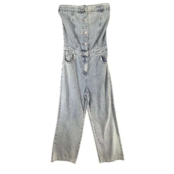 The Post Strapless Denim Jumpsuit S Light Wash Button Front Wide Leg‎ Y2K - Image 2