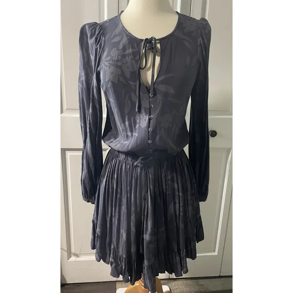 Sundry Floral Print Button Front Tie Waist‎ Long Sleeve Mini Dress Charcoal M - Image 5