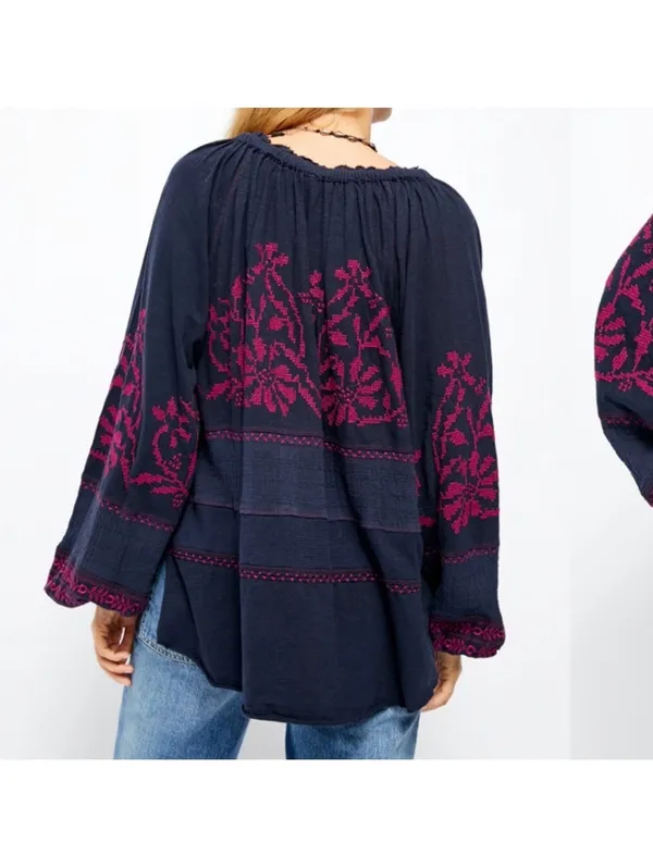 Free People Persuasion Embroidered Boho Chic 100% Cotton Floral Blouse -medium - Image 2