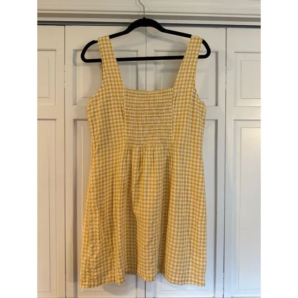 Old Navy yellow gingham plaid linen square neck mini dress large - Image 7