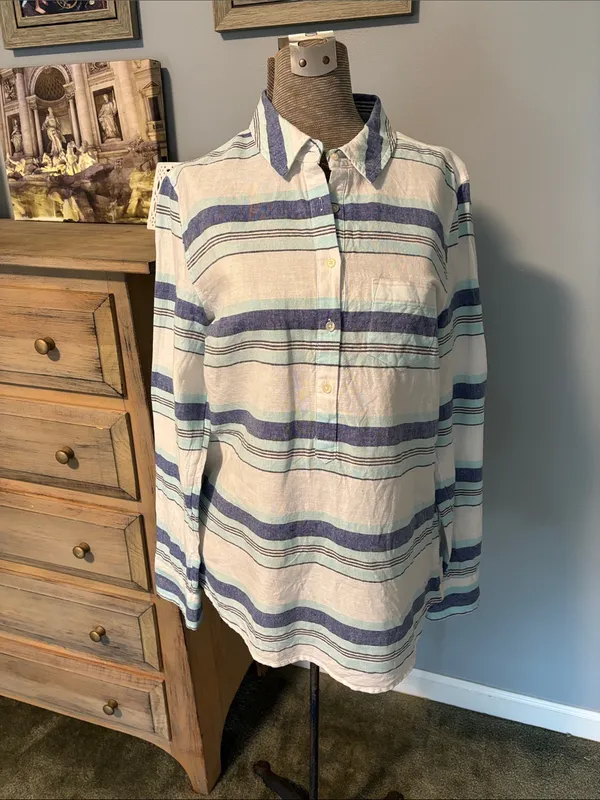 GAP Blue Linen Striped Button-Down Long Sleeve Shirt - Image 2