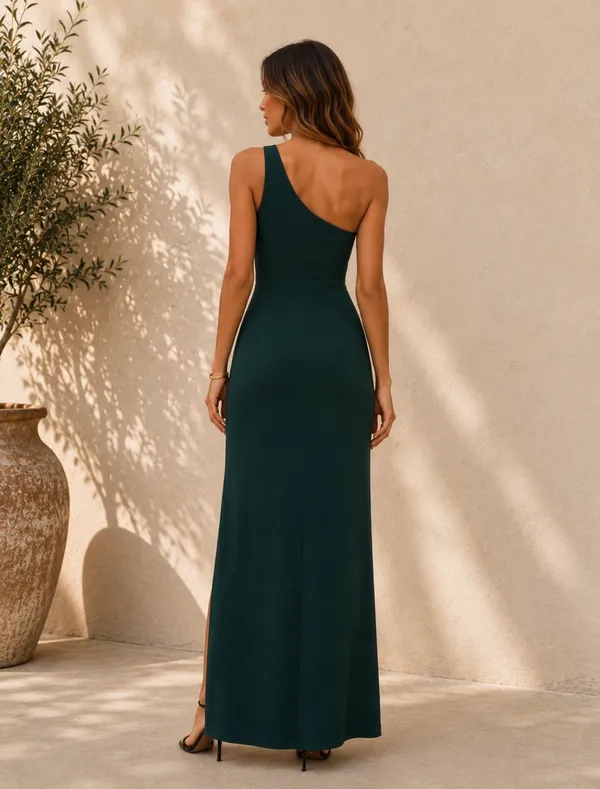 Lulu's One-Shoulder Dark Emerald Green Evening Gown - Image 3