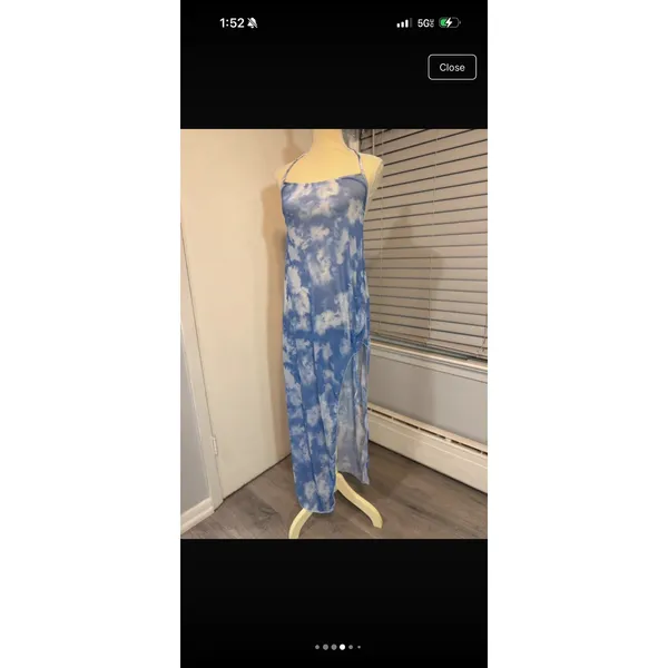 Blue Cloud Print Halter Swim Cover Up Maxi Dress Beach Resort Side Slit - Image 4