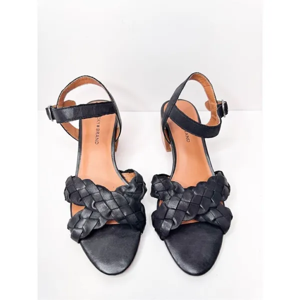 Lucky Brand Sandals Size 6‎ Black Leather Braided Open Toe Block Heel - Image 4