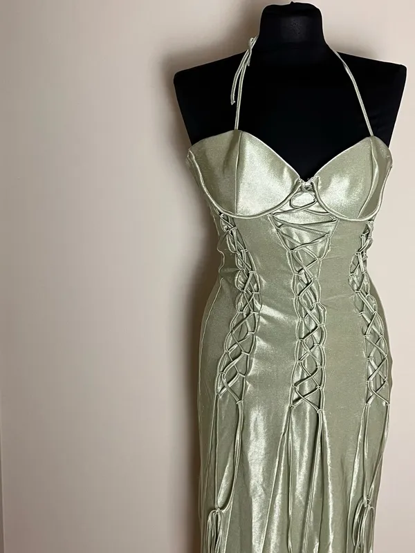 ASOS Sage Green Lace-Up Satin Halter Dress NWT - Image 5