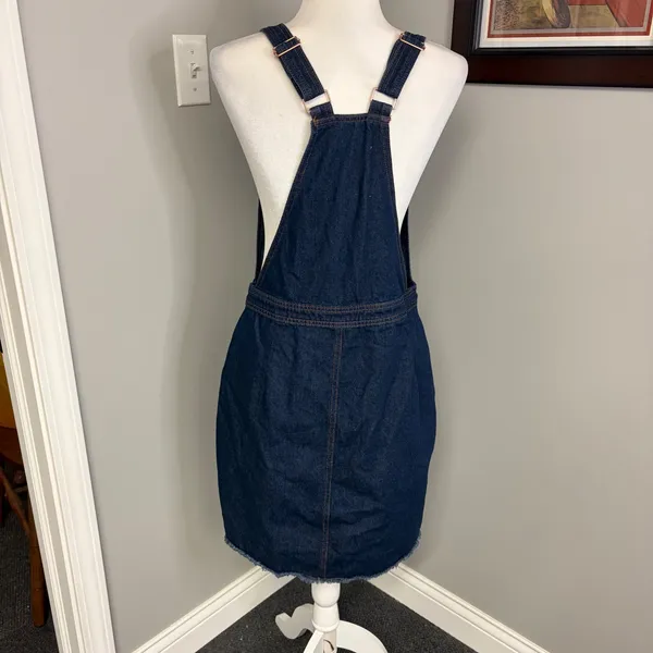 91:LTD Denim Pinafore Dress Dark Wash Rose Gold Zip Front Overall Mini Size 10 - Image 3