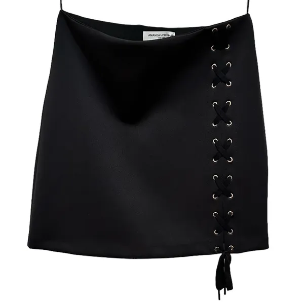 Amanda Uprichard Black Grommet Lace Up Side Biker Gothic Rocker Mini Skirt L - Image 2