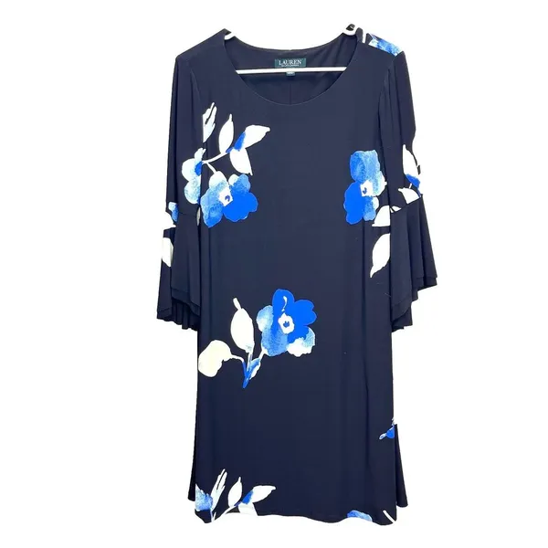 NWT‎ Ralph Lauren Blue Floral Black 3/4 Bell Sleeve Stretch Dress Size 8 - Image 4