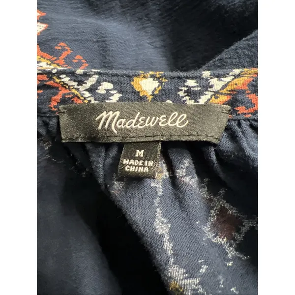 Madewell Women's Navy Embroidered Peasant Top‎ Size Medium Aztec Southwest Boho - Image 8