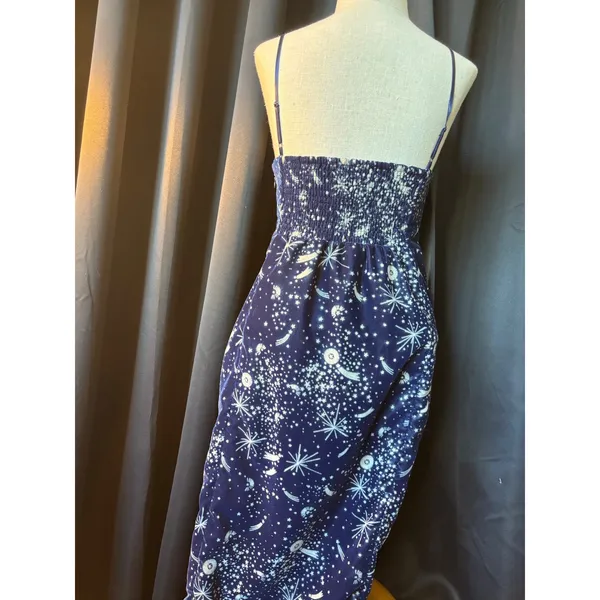 Celestial Navy Blue‎ Velvet Star Print Midi Dress V-Neck Slit Small - Image 10