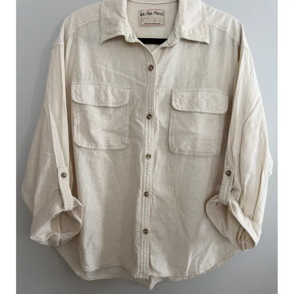 Free People We Are Free Made For Sun Linen Shirt Wet‎ Plaster Women's Size Small - Image 5