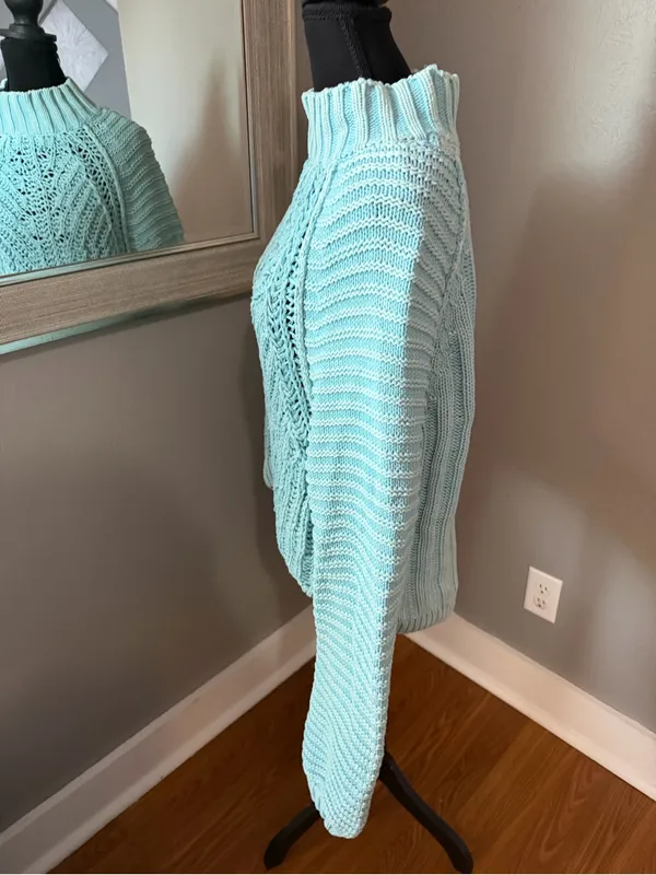 Free People Sweetheart Sweater Blue Chunky Knit Ribbed Mock Neck Medium - Image 3