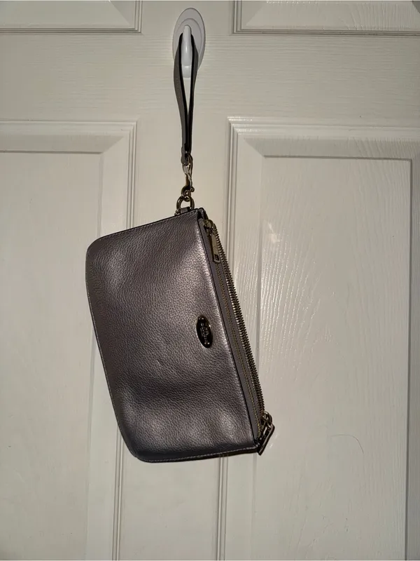 Coach F53157 Metallic Pewter Leather Crossbody Wristlet Double Zip Bag - Image 9