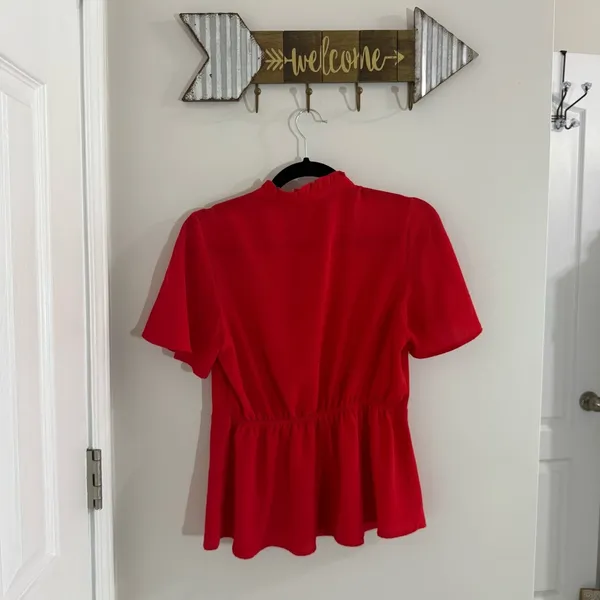 Monteau Red Short Sleeve Wrap Blouse with Mandarin Collar - Image 5