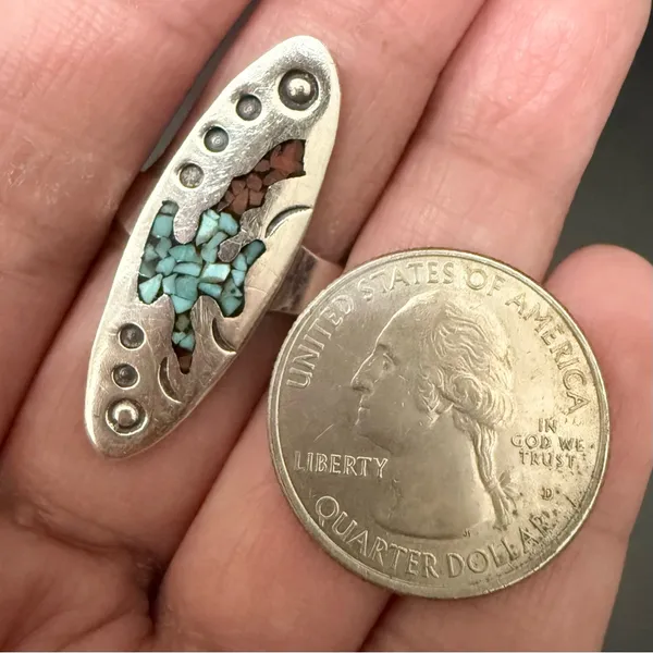 Vintage Sterling Silver Native American Turquoise Coral Chips Peyote Bird Ring 7 - Image 12