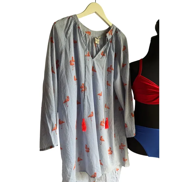 Violet Sky Flamingo Embroidered Tunic Blouse Small Blue White Stripe Cotton Boho - Image 4
