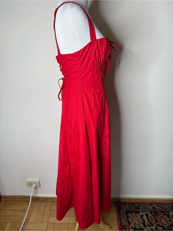 Peiran Red Cottagecore Corset Tie Front Midi Dress - Image 3