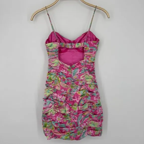 For Love and Lemons‎ Julien Cami Mini Dress XS Pink Floral Ruched Bodycon Cutout - Image 7