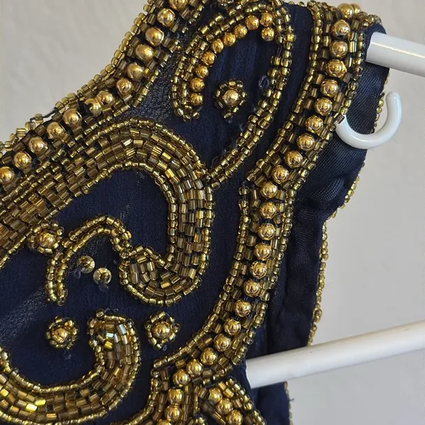 Vtg Laurence Kazar Halter Beaded embellished silk formal gown dress blue gold‎ L - Image 14