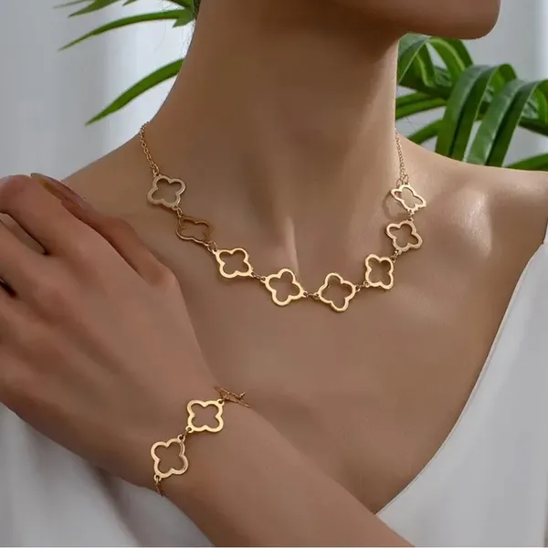 Boutique Clover Neckalce Bracelet Earring Set for Women 14K Gold Plated Stainless Steel - Image 2