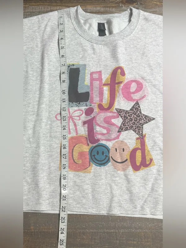 Gildan Light Gray Cropped Sweatshirt with Colorful 'Life' Graphic - Image 7
