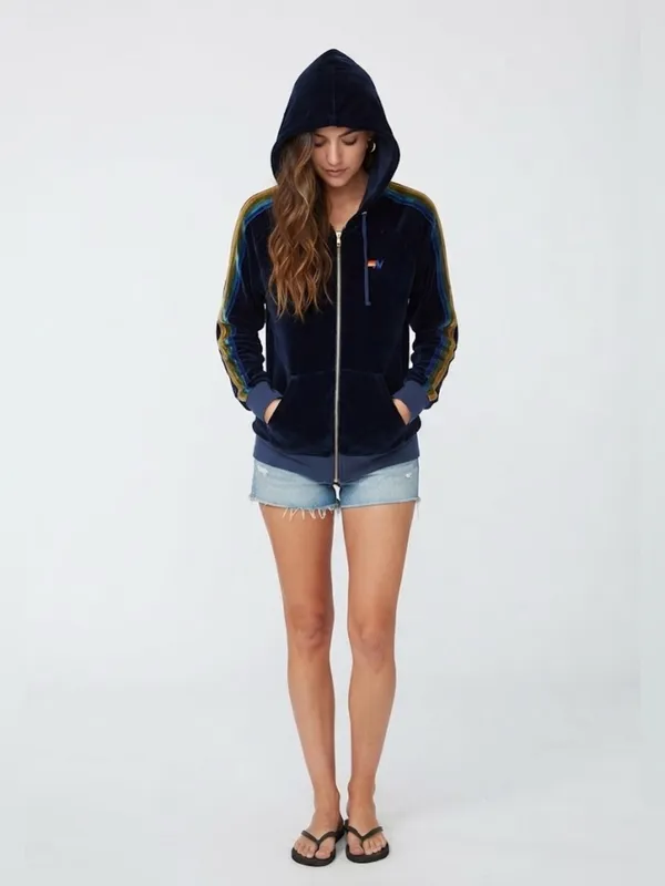 Aviator Nation Velvet Rainbow Stripe Zip-Up Hoodie Navy Blue Size Large - Image 2