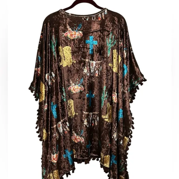 NWT Fashion U Brown Crushed Velvet Western Poncho With Tassels - Image 3