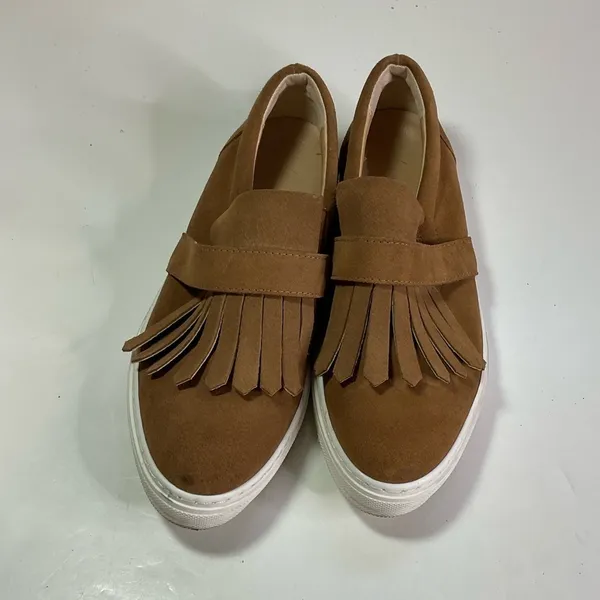 Anthropologie‎ Suede Fringe Slip On Loafers Size 38 - Image 2