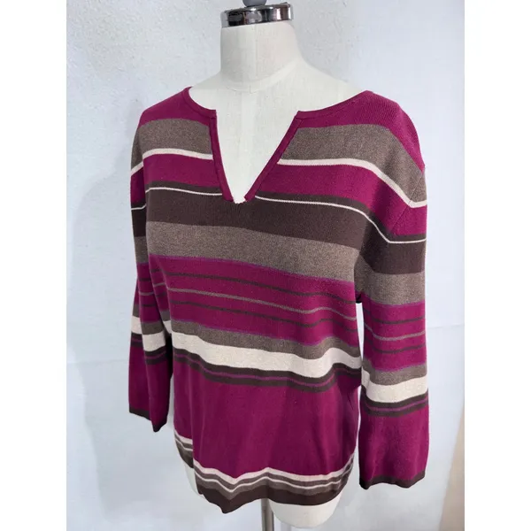 Croft & Barrow L‎ Purple Sweater Women's Striped V-Neck 3/4 Sleeve - Image 2