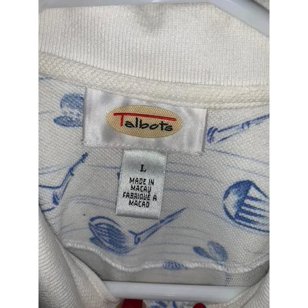 Talbots Women's Polo Shirt Golf Print White‎ Short Sleeve Size Large Casual - Image 4