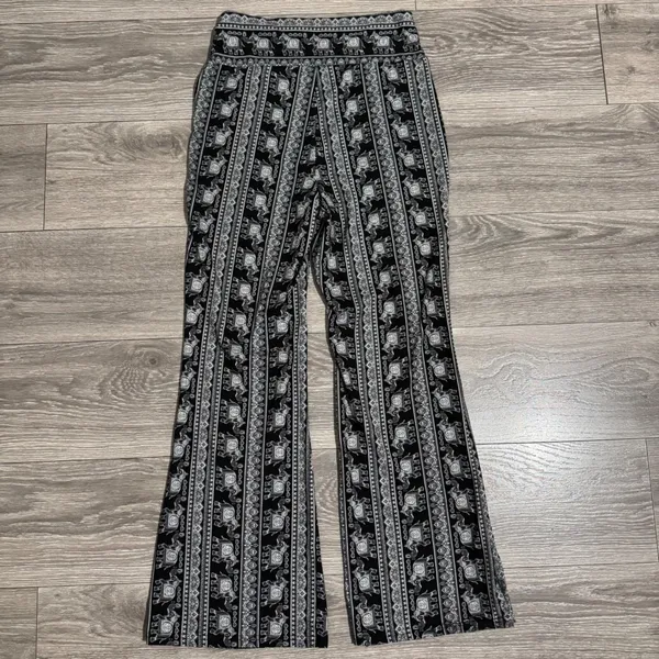 Womens Elephant Print Bell Bottom Pants Black White Boho Flare‎ Leg Stretchy XL - Image 5