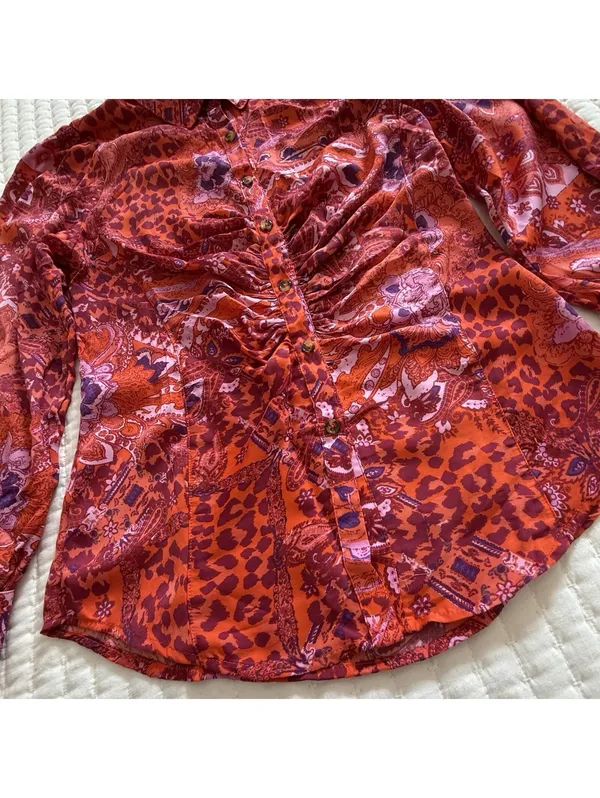 Free People Bianca S Small Button Up Top Red Orange Animal & Floral Print Boho - Image 10