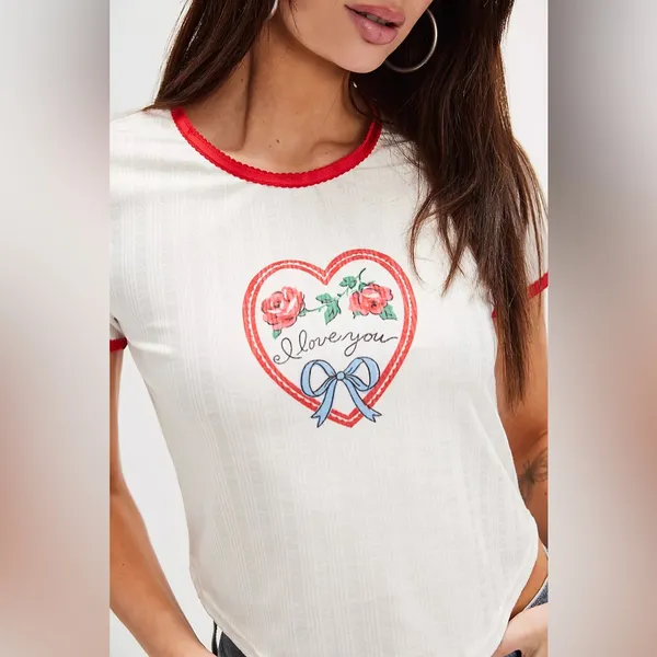 NWT Free People + For Love & Lemons I Love You Heart Baby Tee In White - Image 5