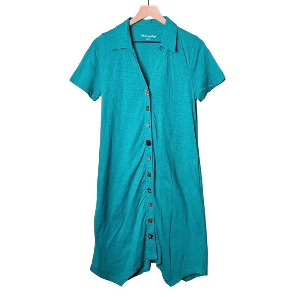 Soft Surroundings Danielle Button Midi Dress Teal Blue Green Size Small - Image 3
