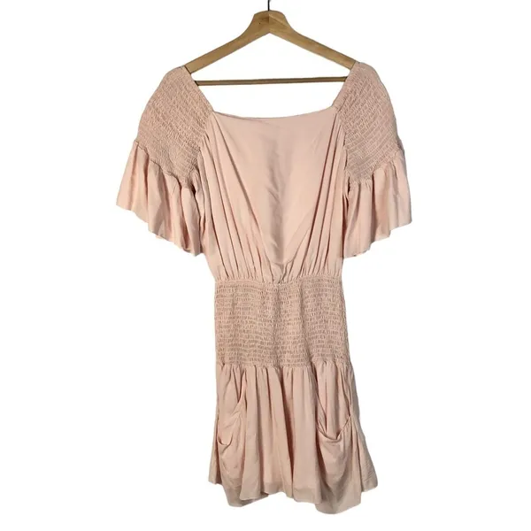 Free‎ People Sam Light Pink Smocked Short Sleeve Mini Dress S - Image 3