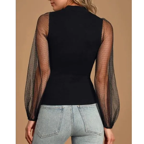 Lulu's Try To Keep Up Black Balloon Mesh Sleeve Mock Neck Top Medium - Image 3